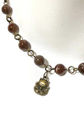Purple Cat's Eye Adjustable Short Necklace w/ Cute Bronze Fortune Cat Pendant